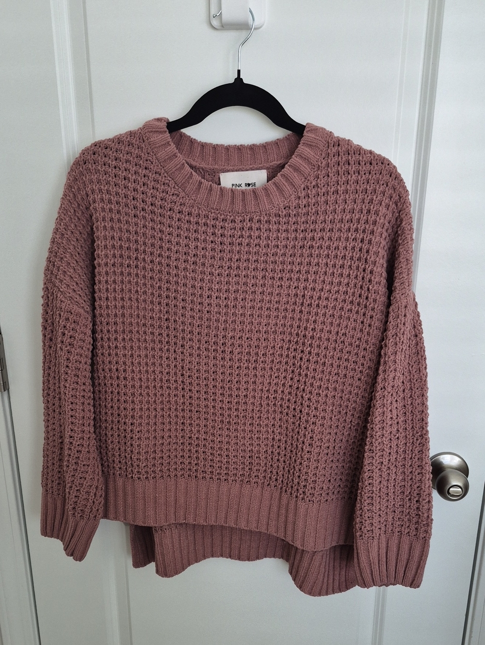 Women Pink Rose Waffle Knit Crewneck Sweater in Dusty Mauve